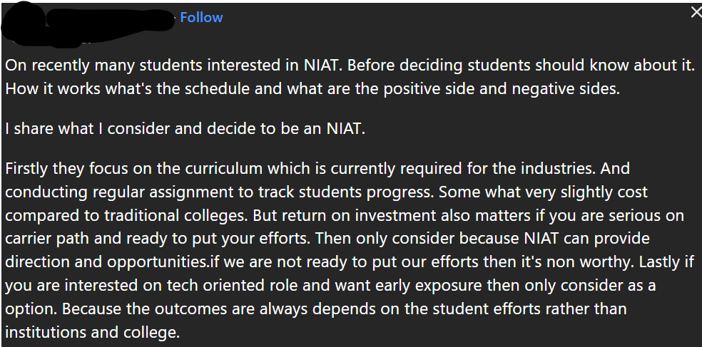 NIAT Training Centre in Tirupati in Reviews