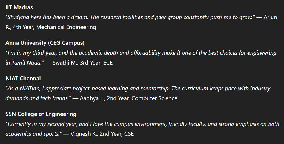 student reviews for the top 10 engineering colleges in Chennai